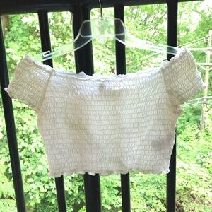 Divided White Cap Sleeve/ Off Shoulder Smocked Crop Blouse